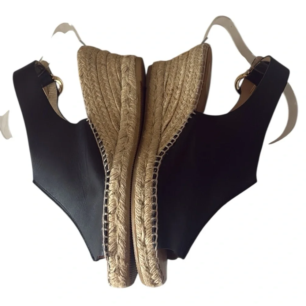Kanna wedge sling back espadrille, black leather gold buckle, size 41=10/10.5